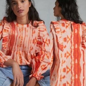 NWOT Anthropologie Samant Chauhan Emilia Women’s Orange Ruffled Tie-Dye Blouse L